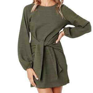 Women’s Elegant Lantern Long Sleeve Crewneck Tie Waist dress